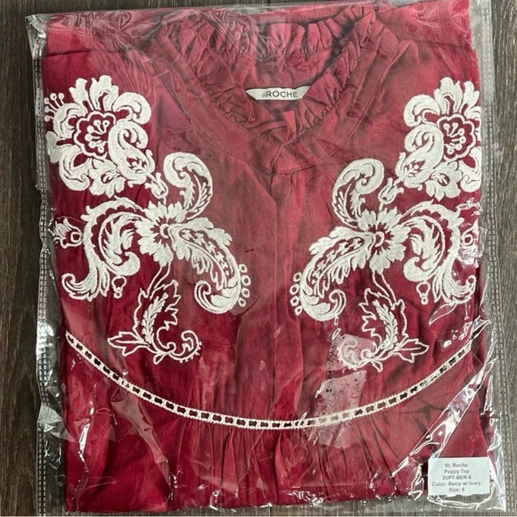 St. Roche Poppy Blouse in Berry and Ivory Embroidery. Size 6. Old Money preppy - Picture 5 of 8